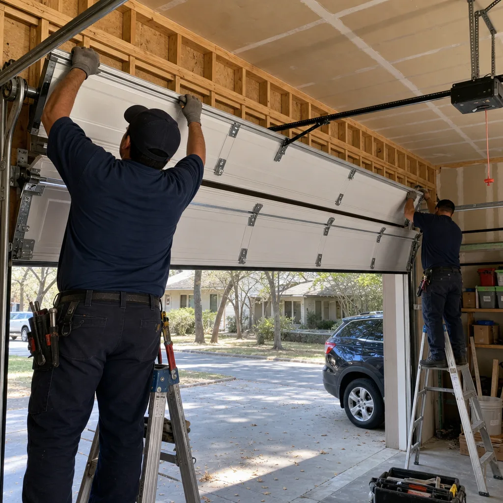 Professional technicians installing a new residential garage door