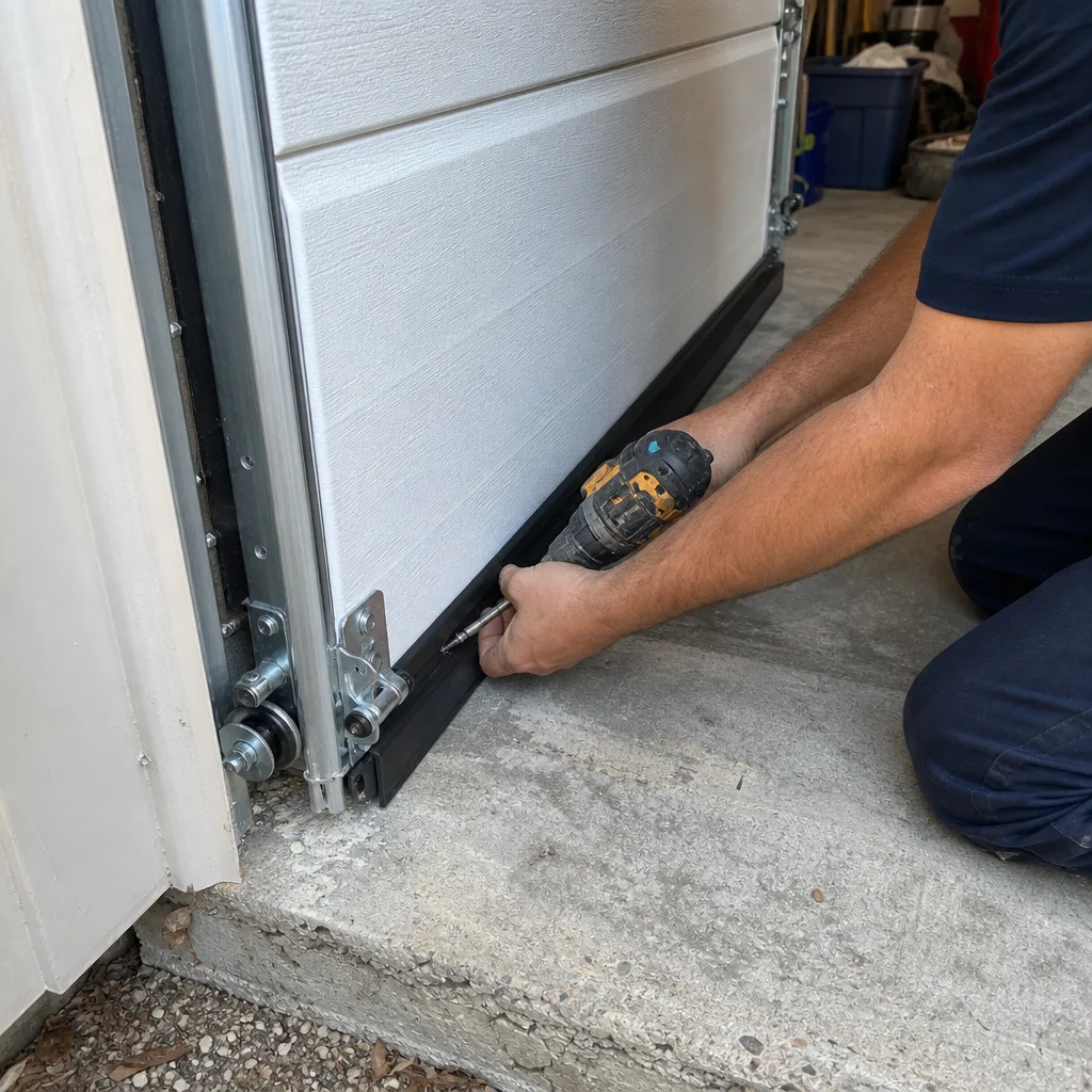 Technician installing a new rubber bottom seal on a garage door