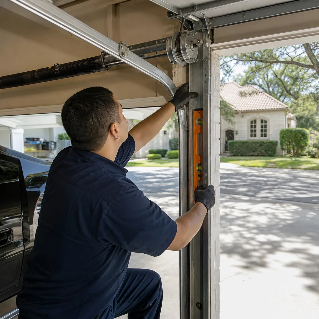 Technician using a level to inspect and repair garage door track