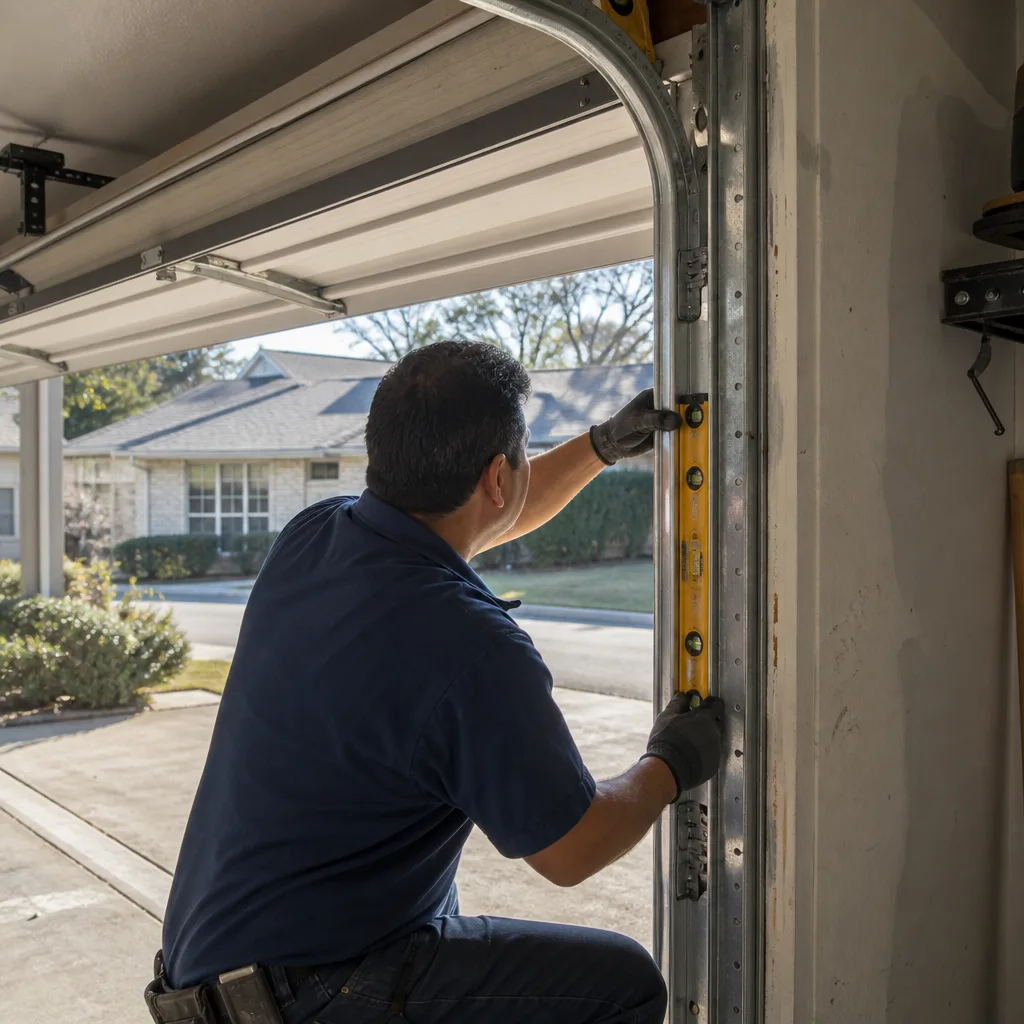 Technician using a level to repair a residential garage door track