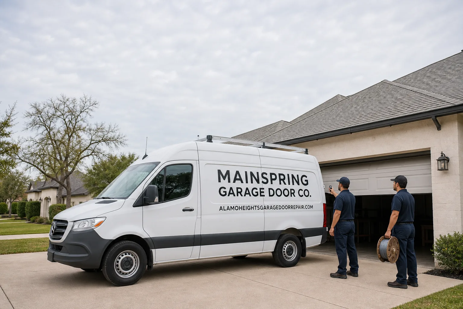 Mainspring Garage Door Co. garage door service vehicle and crew in Alamo Heights, TX